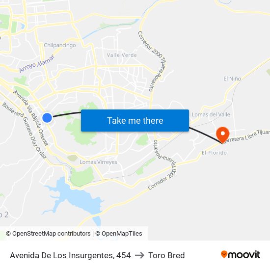 Avenida De Los Insurgentes, 454 to Toro Bred map