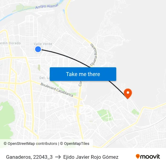 Ganaderos, 22043_3 to Ejido Javier Rojo Gómez map