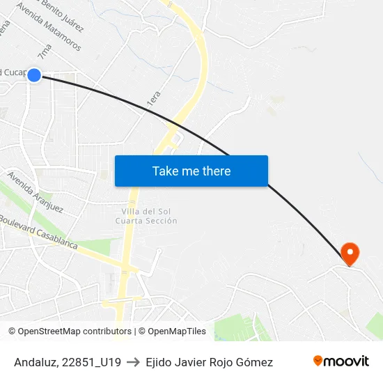 Andaluz, 22851_U19 to Ejido Javier Rojo Gómez map
