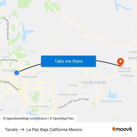 Tecate to La Paz Baja California Mexico map
