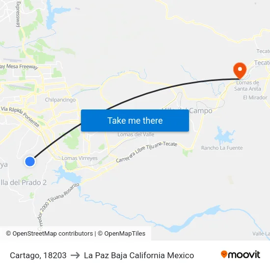 Cartago, 18203 to La Paz Baja California Mexico map
