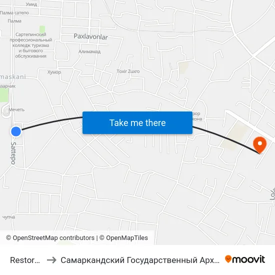 Restoran Siyavush to Самаркандский Государственный Архитектурно Строительный Институт (Самгаси) map