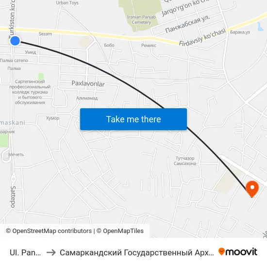 Ul. Pandzhabskaya to Самаркандский Государственный Архитектурно Строительный Институт (Самгаси) map