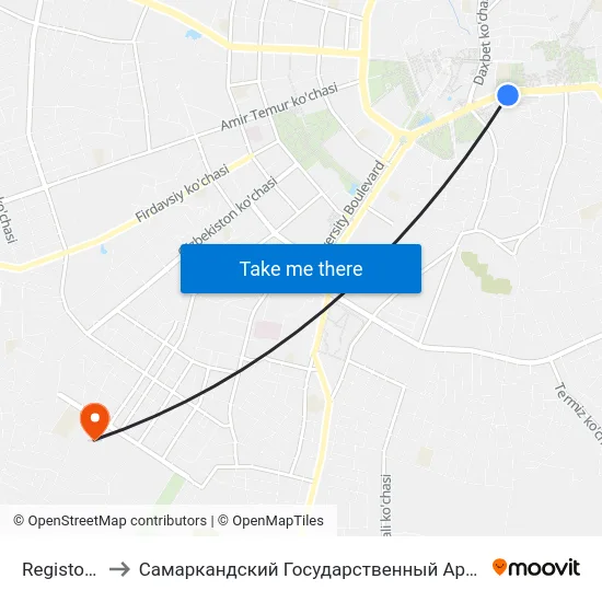 Registon Ko'Chasi, 5 to Самаркандский Государственный Архитектурно Строительный Институт (Самгаси) map