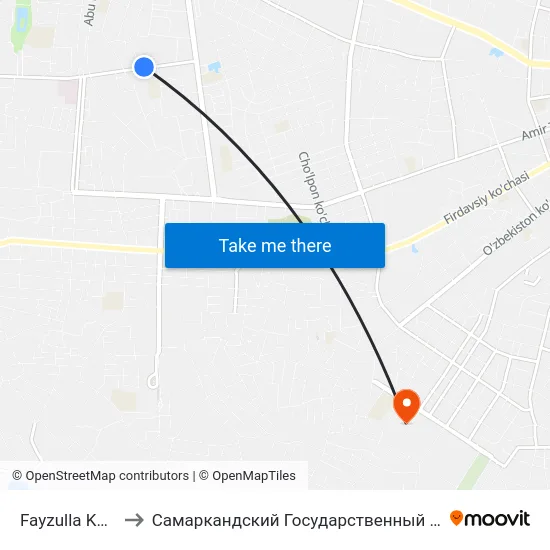 Fayzulla Khodzhayev Street, 4 to Самаркандский Государственный Архитектурно Строительный Институт (Самгаси) map