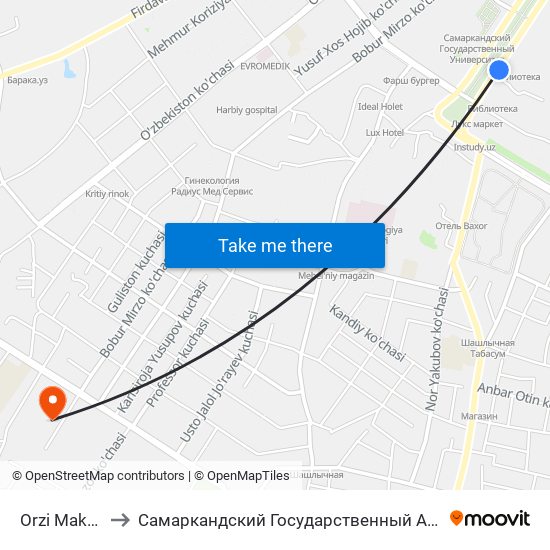 Orzi Makhmudov Str., 22 to Самаркандский Государственный Архитектурно Строительный Институт (Самгаси) map