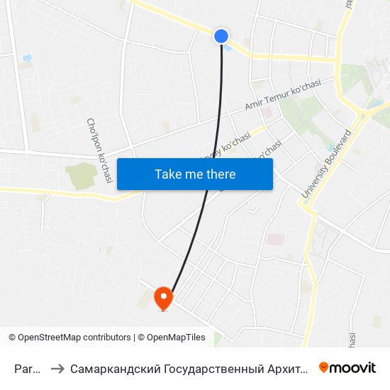 Park-Ozero to Самаркандский Государственный Архитектурно Строительный Институт (Самгаси) map