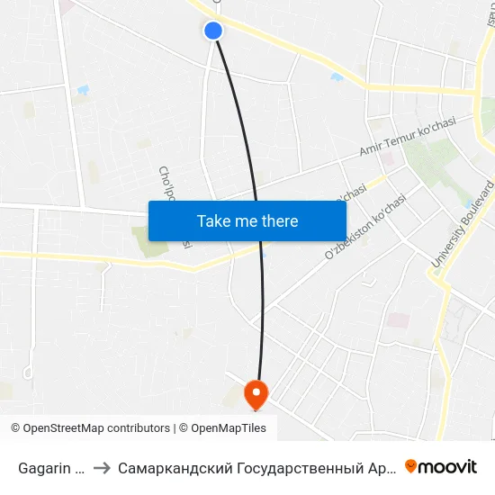 Gagarin Ko'Chasi, 95a to Самаркандский Государственный Архитектурно Строительный Институт (Самгаси) map