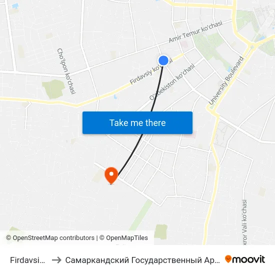 Firdavsiy Ko'Chasi, 20 to Самаркандский Государственный Архитектурно Строительный Институт (Самгаси) map