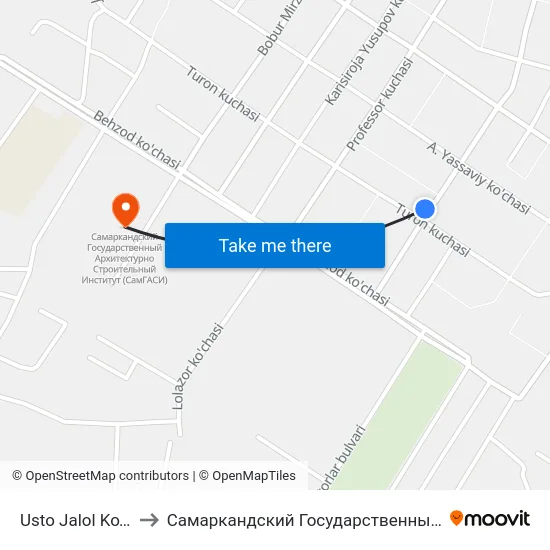 Usto Jalol Ko'Chasi / Turon Ko'Chasi to Самаркандский Государственный Архитектурно Строительный Институт (Самгаси) map