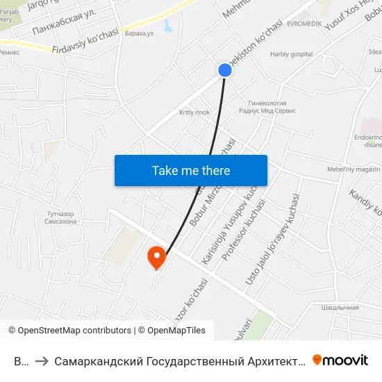 Bekat to Самаркандский Государственный Архитектурно Строительный Институт (Самгаси) map