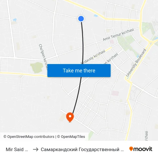 Mir Said Baraka Street, 21 to Самаркандский Государственный Архитектурно Строительный Институт (Самгаси) map