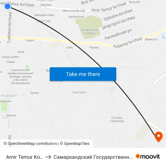 Amir Temur Ko'Chasi / Turkiston Ko'Chasi to Самаркандский Государственный Архитектурно Строительный Институт (Самгаси) map