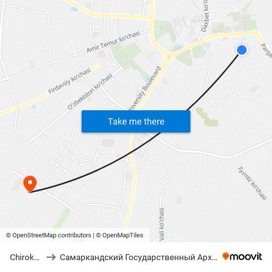 Chirokchi Street, 4 to Самаркандский Государственный Архитектурно Строительный Институт (Самгаси) map