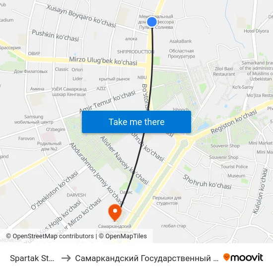 Spartak Stadium to Самаркандский Государственный Университет map