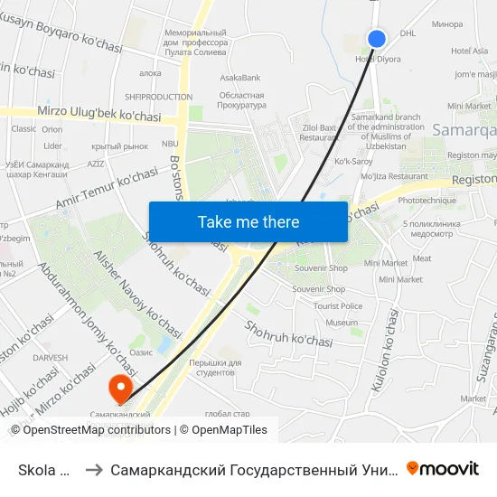 Skola Nº 6 to Самаркандский Государственный Университет map