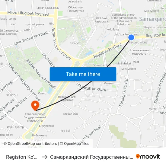 Registon Ko'Chasi, 5 to Самаркандский Государственный Университет map