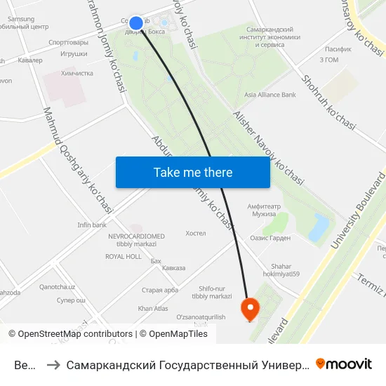 Bekat to Самаркандский Государственный Университет map