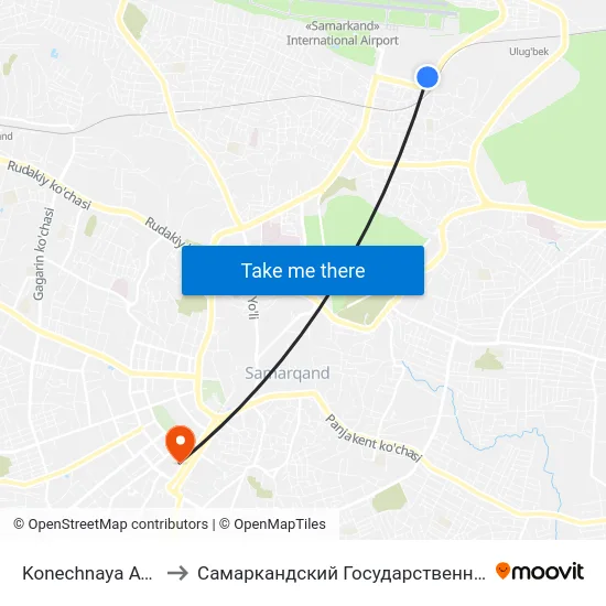 Konechnaya Avtovokzal to Самаркандский Государственный Университет map