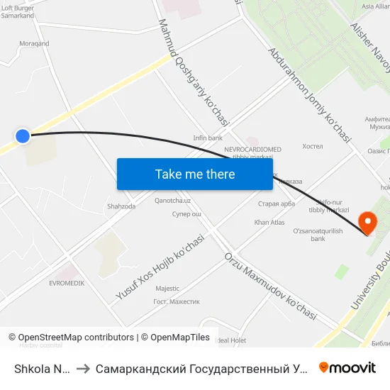 Shkola Nº 17 to Самаркандский Государственный Университет map