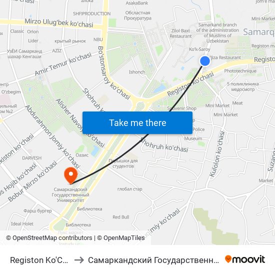 Registon Ko'Chasi, 38a to Самаркандский Государственный Университет map