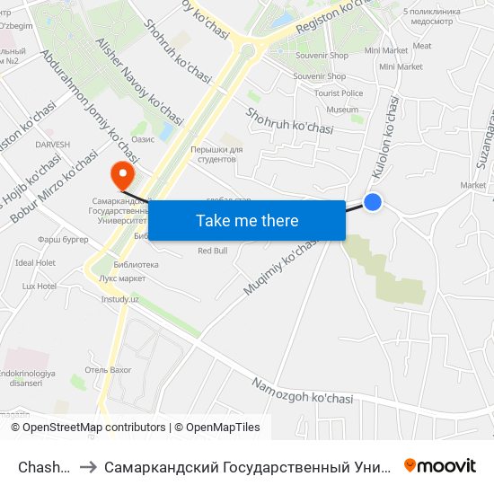 Chashma to Самаркандский Государственный Университет map
