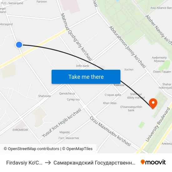 Firdavsiy Ko'Chasi, 20 to Самаркандский Государственный Университет map