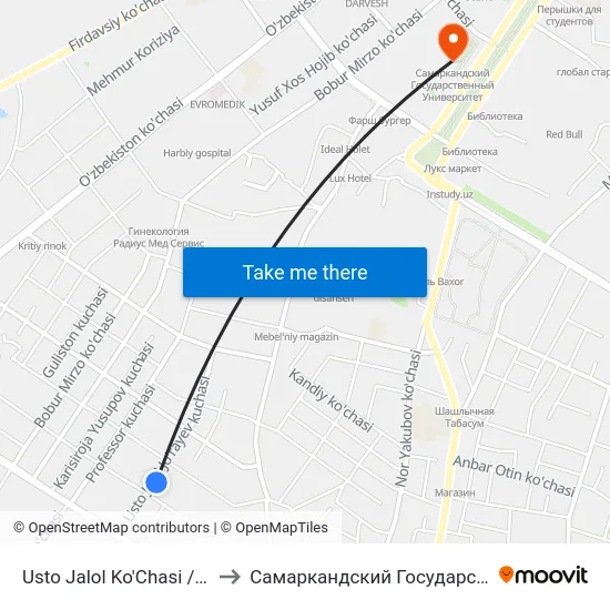Usto Jalol Ko'Chasi / Maxzuna Ko'Chasi to Самаркандский Государственный Университет map