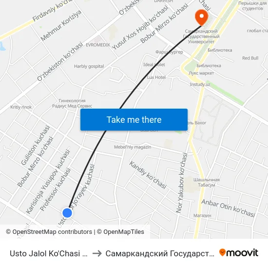 Usto Jalol Ko'Chasi / Turon Ko'Chasi to Самаркандский Государственный Университет map