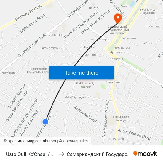 Usto Quli Ko'Chasi / Usto Jalol Ko'Chasi to Самаркандский Государственный Университет map