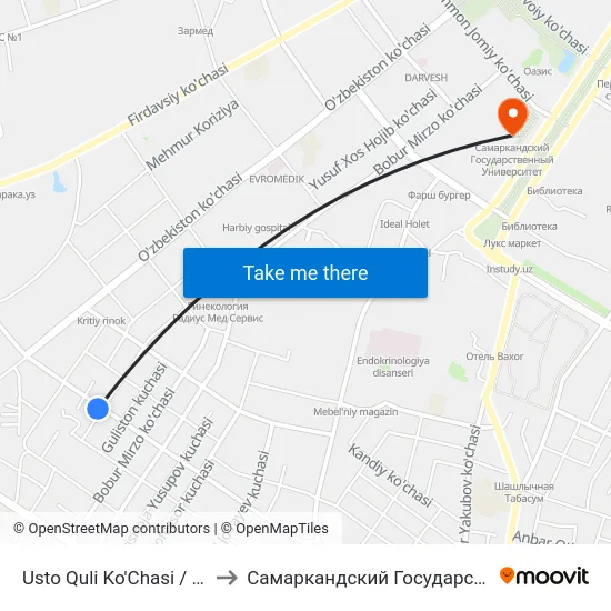Usto Quli Ko'Chasi / Sohibkor Ko'Chasi to Самаркандский Государственный Университет map