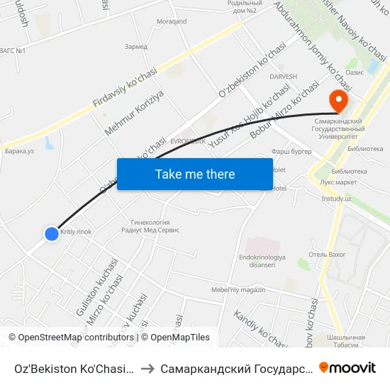 Oz'Bekiston Ko'Chasi / Sakkoki Ko'Chasi to Самаркандский Государственный Университет map