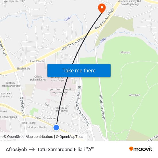 Afrosiyob to Tatu Samarqand Filiali ""A"" map