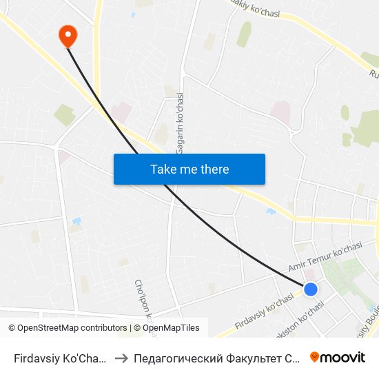 Firdavsiy Ko'Chasi, 7 to Педагогический Факультет Сам Гу map