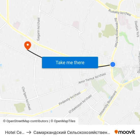 Hotel Central to Самаркандский Сельскохозяйственный Институт map