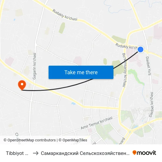 Tibbiyot Kolleji to Самаркандский Сельскохозяйственный Институт map