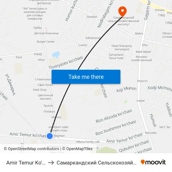 Amir Temur Ko'Chasi, 149 to Самаркандский Сельскохозяйственный Институт map