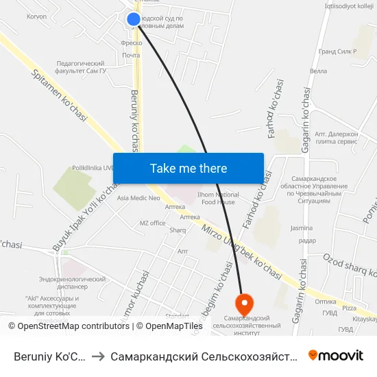 Beruniy Ko'Chasi, 71 to Самаркандский Сельскохозяйственный Институт map