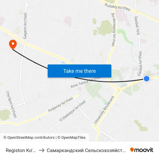 Registon Ko'Chasi, 5 to Самаркандский Сельскохозяйственный Институт map