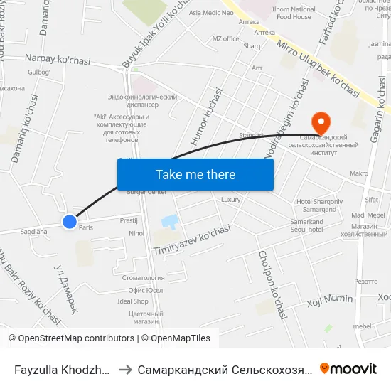 Fayzulla Khodzhayev Street, 4 to Самаркандский Сельскохозяйственный Институт map