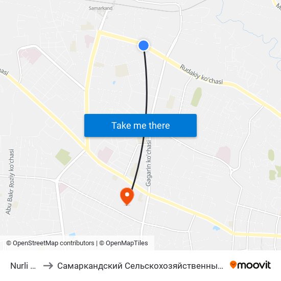 Nurli Yo'L to Самаркандский Сельскохозяйственный Институт map