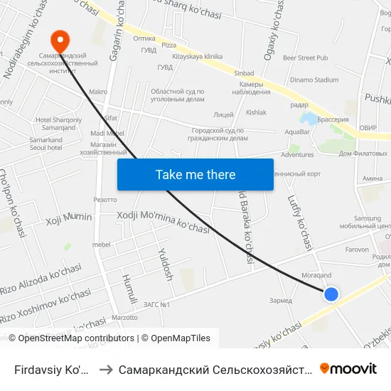 Firdavsiy Ko'Chasi, 20 to Самаркандский Сельскохозяйственный Институт map