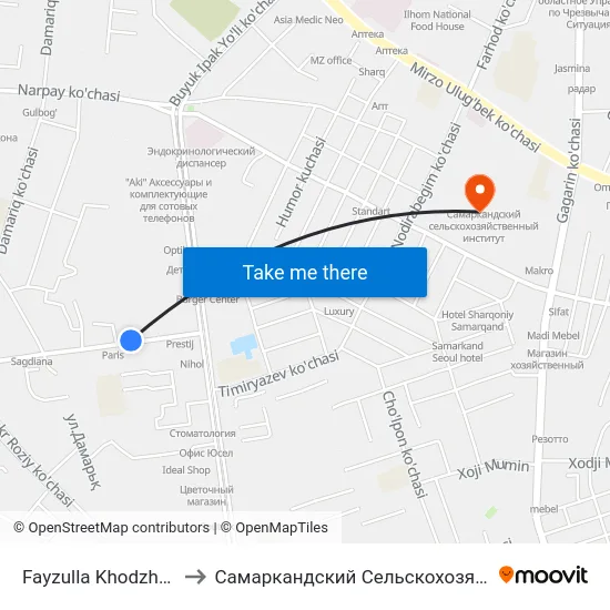 Fayzulla Khodzhayev Street, 4 to Самаркандский Сельскохозяйственный Институт map