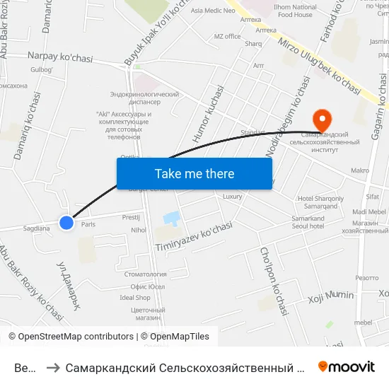 Bekat to Самаркандский Сельскохозяйственный Институт map