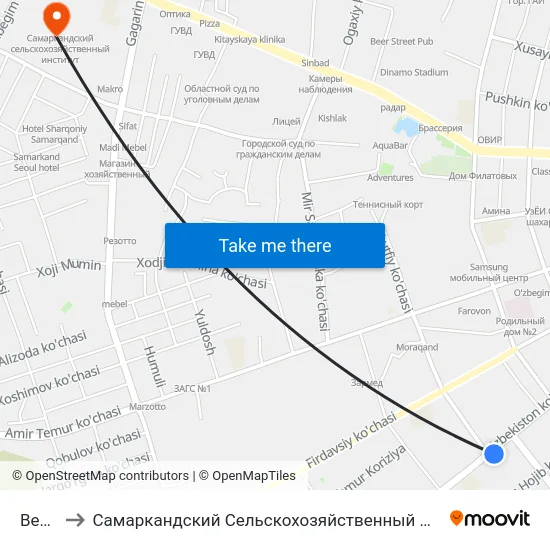 Bekat to Самаркандский Сельскохозяйственный Институт map