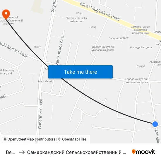 Bekat to Самаркандский Сельскохозяйственный Институт map