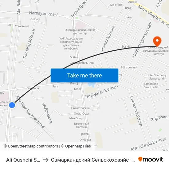 Ali Qushchi Street, 35 to Самаркандский Сельскохозяйственный Институт map