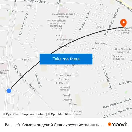 Bekat to Самаркандский Сельскохозяйственный Институт map
