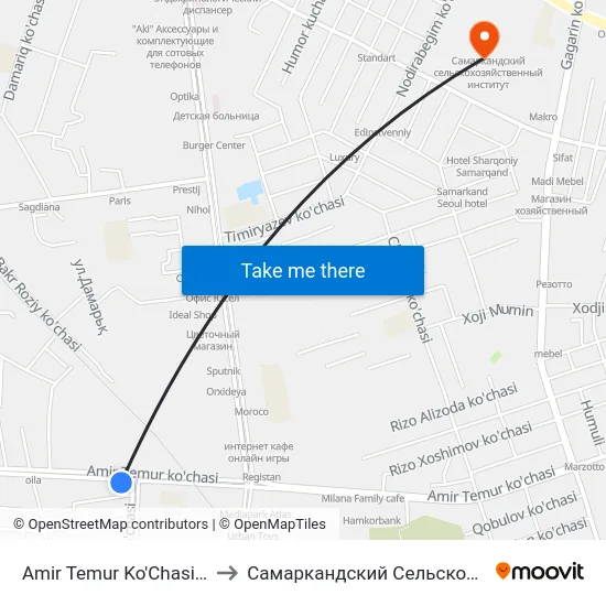 Amir Temur Ko'Chasi / Turkiston Ko'Chasi to Самаркандский Сельскохозяйственный Институт map