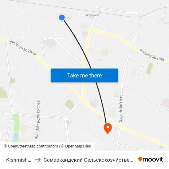 Kishmishzavod to Самаркандский Сельскохозяйственный Институт map